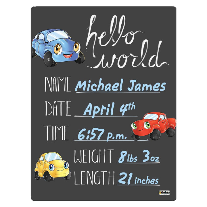 Hello World Newborn Baby Announcement Chalkboard Sign with Automobile Theme, 12 by 16 Inches, No Marker