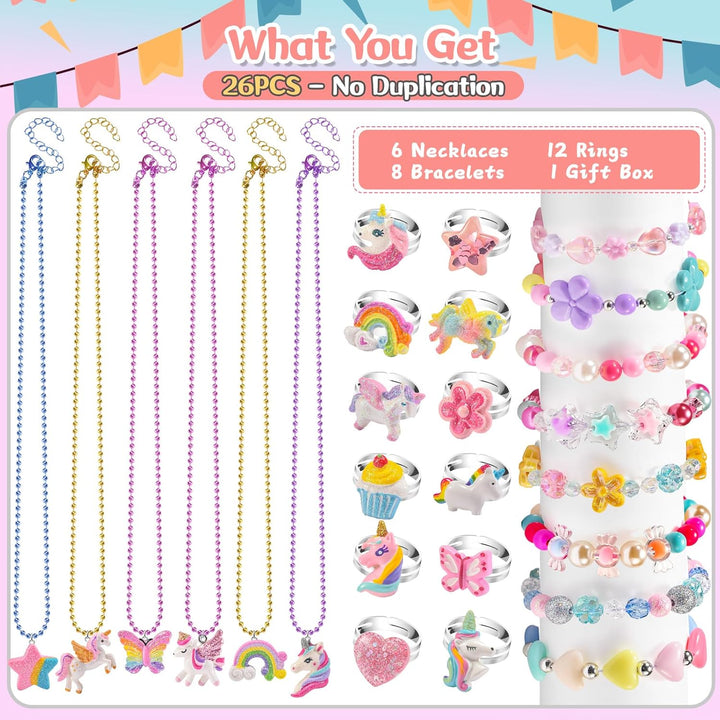 Kids Jewelry for Girls 4-6, Little Girls Play Jewelry Set for Toddlers Age 3-5 6-8, Childrens Princess Costume Dress up Necklace Bracelets Rings, Unicorn Birthday Gifts for 3 4 5 7 6 8 Year Old