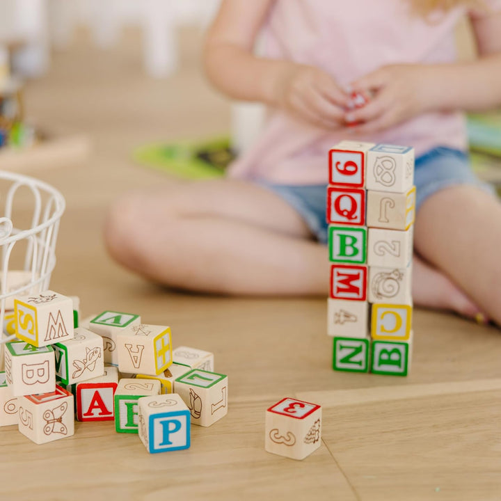 Deluxe Wooden ABC/123 1-Inch Blocks Set with Storage Pouch (50 Pcs)