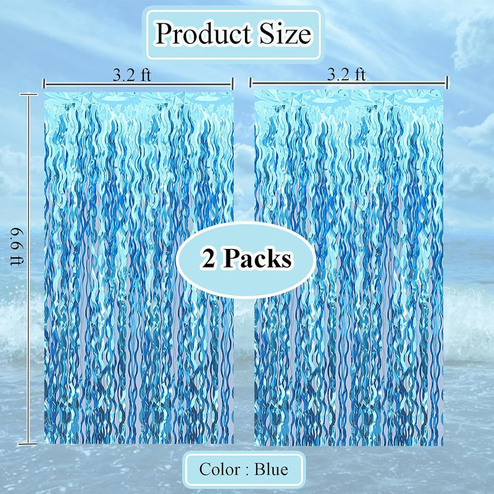Wavy Tinsel Foil Fringe Curtains Teal Blue Streamers Backdrop for Ocean Themed Party Blue Birthday under the Sea Party Decorations(2 Pack,3.2 Ft X 6.6 Ft)