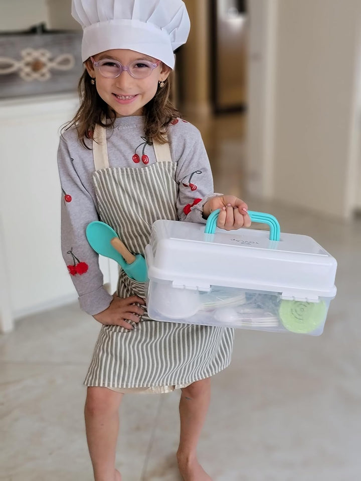 Jr. Kids Real Cooking and Baking Gift Set with Cookbook and Storage Case- Montessori Complete Cooking Supplies for the Junior Chef - Set for Girls & Boys - Utensils and Kid Safe Knives.