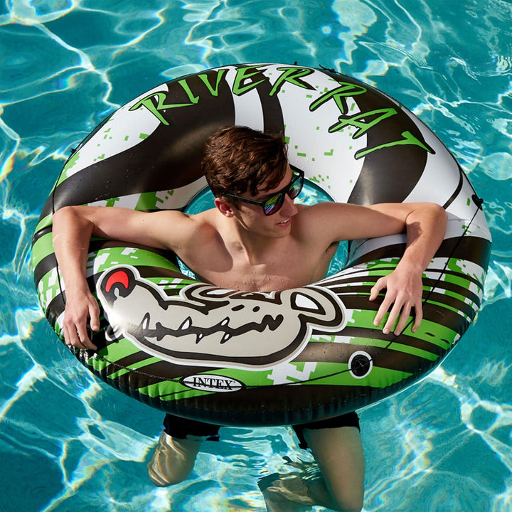 River Rat 48 Inch Inflatable Vinyl Towable Boat Floating Tube Raft for Swimming Pool and Lake in Green Rat or Graffiti Rat Design, Color Varies