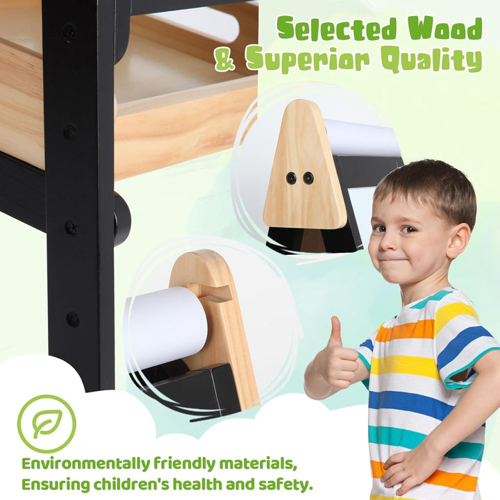 3 in 1 Easel for Kids with Wood Tray, Double Sided Kids Easel with Paper Roll,Magnetic Chalkboard & White Board Height Adjustable Painting Standing Drawing Board for Toddlers Childrens 2-5 (Black)