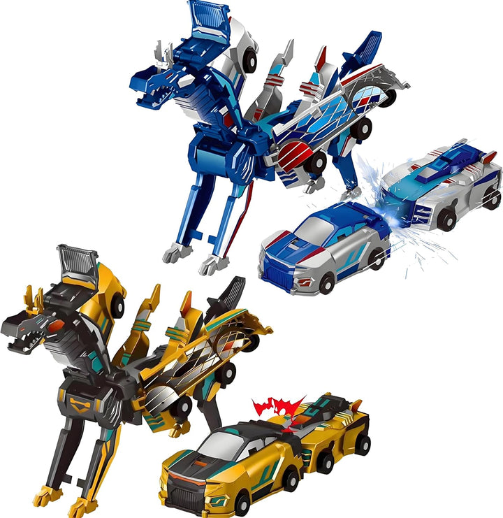 Transforming Dinosaur Toys, 2 in 1 Magnetic Cars Collision Transform into Dino Toys, for Boys Girls Toy Age 4-6, Christmas Birthday Gift (Blue Dragon)