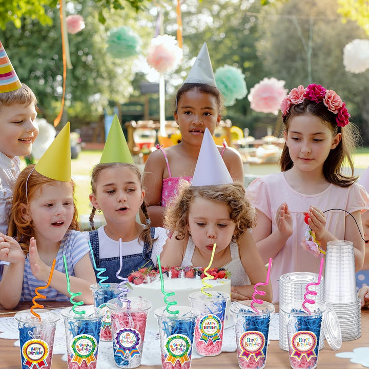 24 Set Creative Happy Birthday Gifts from Teacher Students Birthday Cups with Lids Colorful Straws Stickers and Raffia Disposable Plastic Cups for Reward Kids Prize Classroom Party Supplies