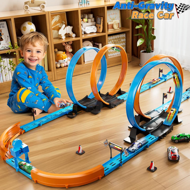 Toy Car Track Set for Boys Kids Age 3-5 4-7 8-12, Long Race Tracks with 4 Action Loops and 4 High-Speed Slot Cars, 35+ Pieces of Race Track to Create Multiple Configurations