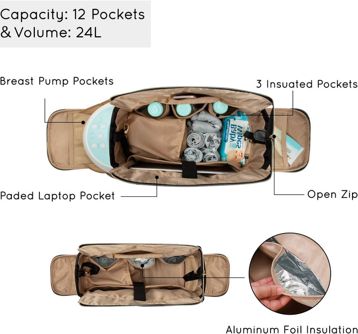 Breast Pump Bag Diaper Tote Bag with 15 Inch Laptop Sleeve Fit Most Breast Pumps like Medela, Spectra S1,S2, Evenflo