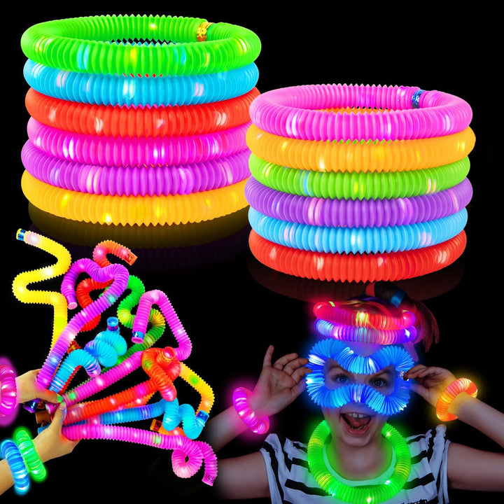 Glow Sticks Camping Essentials for Toddlers-6 PCS Light up Pop Tube Party Favors Toys Gifts for Kids Halloween,Led Bracelet Necklace Accessories,Fun Camp Games Activities Gear Stuff for Boys Girls