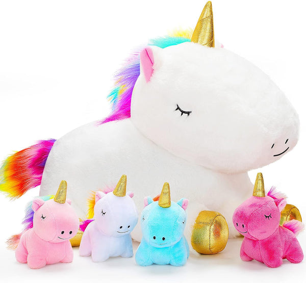 Toys for Girls Ages 3 4 5 6 7 8+ Years - Unicorn Mommy Stuffed Animal with 4 Baby Unicorns in Her Tummy, Soft Unicorn Plush Toys Set, Christmas Birthday Gifts for Baby, Toddler, Kids