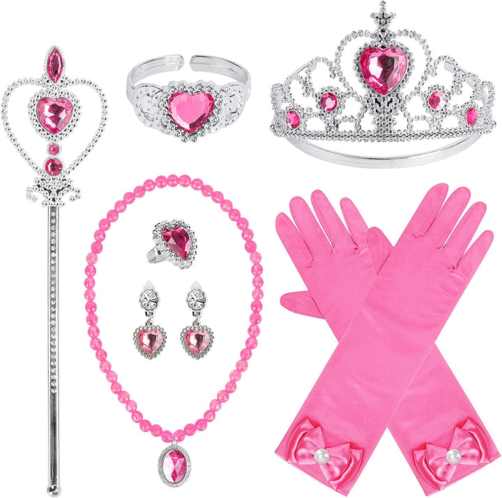 Princess Dress up Party Accessories for Princess Costume Gloves Tiara Wand Necklace Earrings Bracelet and Ring Gift Set 9Pcs (Pink, Set of 7, 9Pcs)