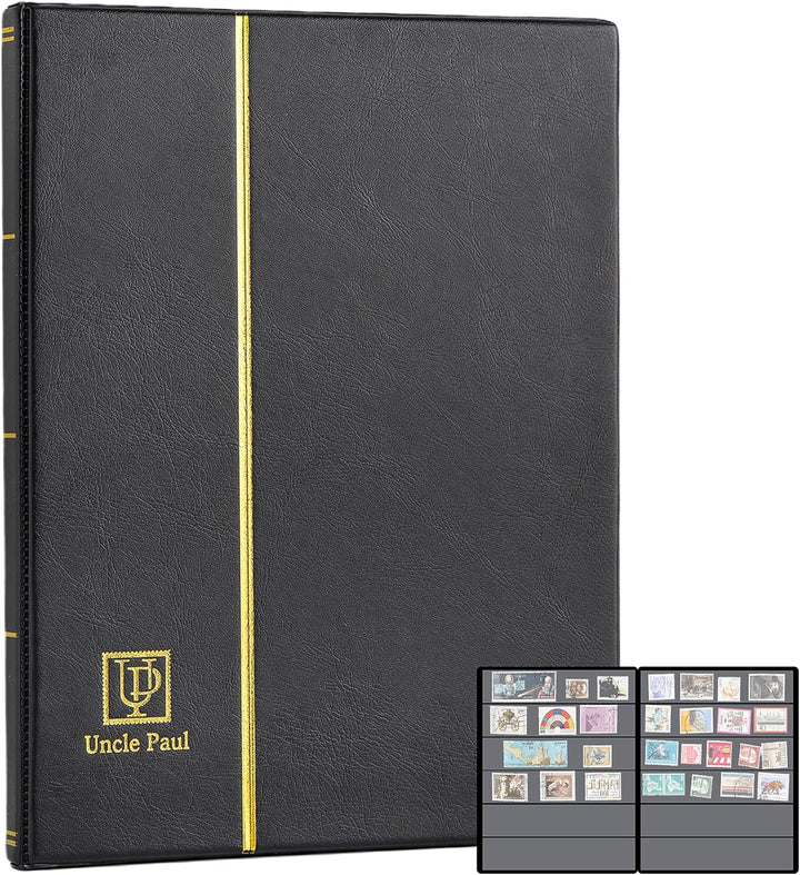 Stamp Albums 160 Pockets - Stockbooks with 30X197Mm Sleeves, 10 Double Sided Black Page with Leatherette Padded Black Cover, Collection Storage Folder for Paper Money Postage Stamps AS0108BK