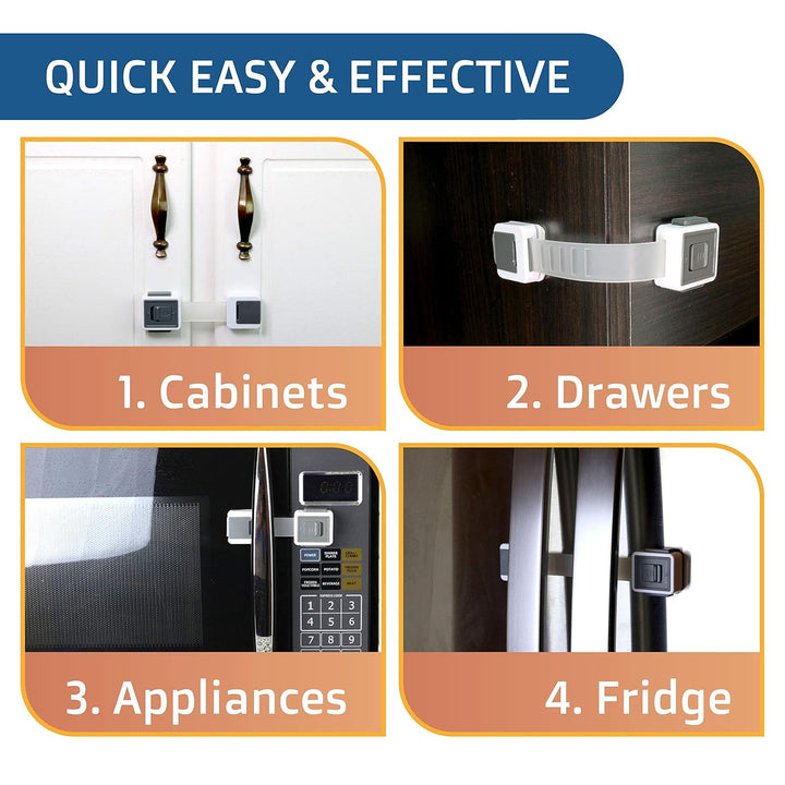 Child Safety Locks (4-Pack) - Baby Proof Cabinets, Drawers, Toilets & Appliances- Adjustable Strap Length, Double Lock Option - Easy Latch for Adults to Open
