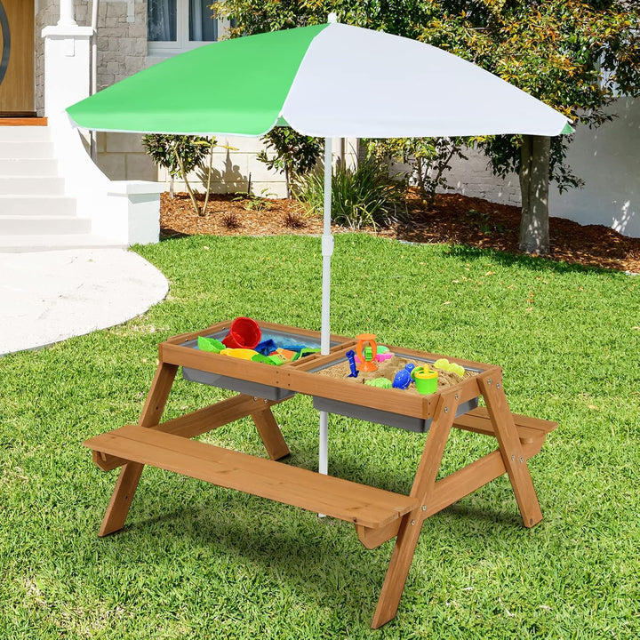 Kids Picnic Table, 4 in 1 Sand and Water Tables W/Detachable Tabletop, 2 Removable Play Boxes, Foldable & Height Adjustable Umbrella, Wood Sensory Table and Bench for Outdoors, Indoors (Brown)