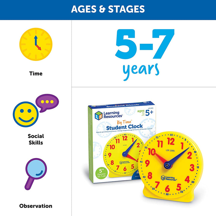 Big Time Student Clock, Teaching & Demonstration Clock, Develops Time and Early Math Skills, Ages 5+, Clock for Learning, 12 Hour,Back to School Gifts
