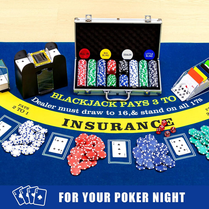 Blackjack Casino Game Set, Include 300 Poker Chips, Casino Felt 1 Automatic Card Shuffler 6 Deck Dealer Shoe Discard Holder Tray Aluminum Case for Texas Holdem Blackjack Poker(Blue)