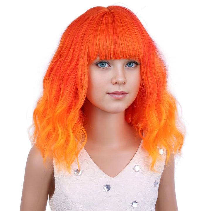 Blonde Wig Kids Child Short Wavy Wig with Bangs Flaxen Blonde Wigs Synthetic Girls Cosplay Halloween Party Costume Wigs (Flaxen Blonde)
