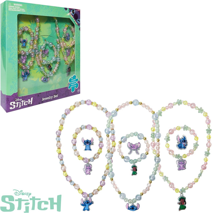 Lilo & Stitch Girls Jewelry Set - Dress up 9 Piece Toy Jewelry Box Set with Bead Necklace, Bracelet and Ring - Play Accessories - Ages 3+