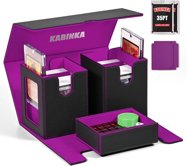 Card Deck Box for MTG with Commander Display, 5 in 1 Card Storage Box Fits 400+ Double-Sleeved Cards, Removable Deck Case for Tcg/Sports Cards with Dice Tray, 4 Magnetic Card Holders (Black Purple)