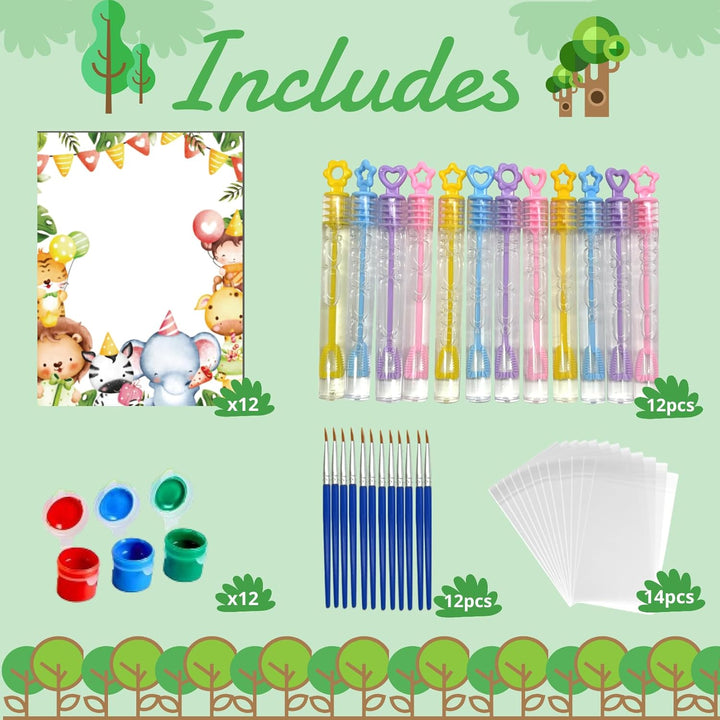 Safari Party Favors - 12 PCS Jungle Craft Kits Party Supplies - Safari Jungle Wooden Painting Kit for Kids with Bubble Wand - Wild Animals Christmas Birthday Goodie Bags Gifts Prizes Girls Boys