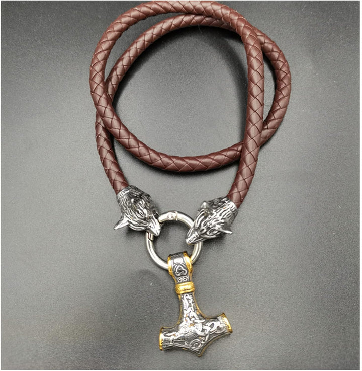 Stainless Steel Wolf Head Leather Chain Thor'S Hammer Pendant Men'S Necklace(Style 3 Gold,80Cm)