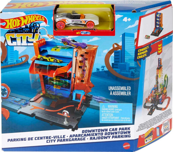 City Toy Track Set, Downtown Car Park Playset with 1:64 Scale Vehicle, 4 Levels, Working Lift & Exit Chute