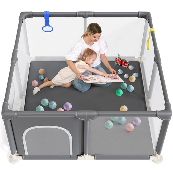 Baby Playpen, 48"×48" Play Pens for Babies and Toddlers, Safe Anti-Fall Play Yard with Gates, Baby Fence with Breathable Mesh, Indoor & Outdoor Kids Activity Center, Anchor Grey