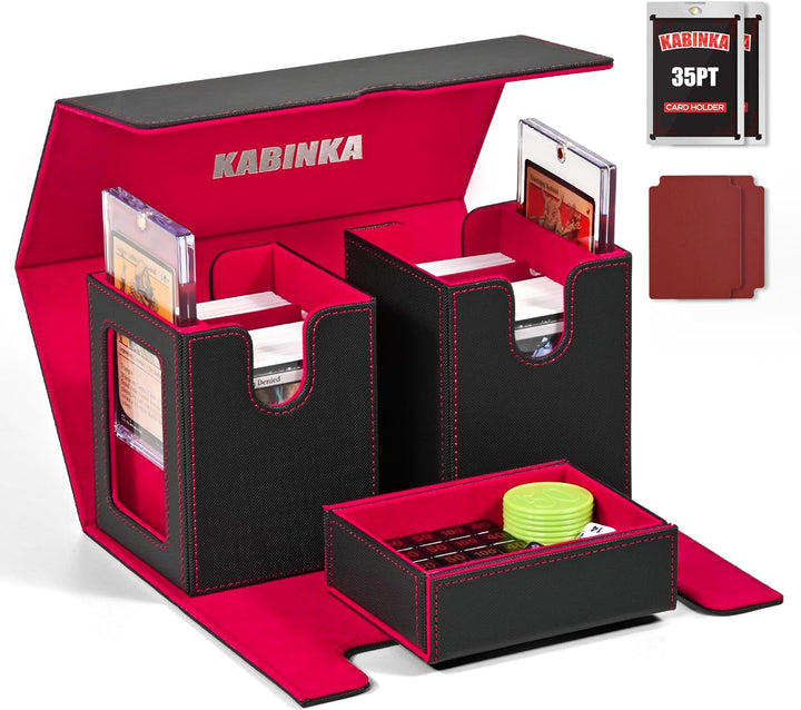 Card Deck Box for MTG with Commander Display, 5 in 1 Card Storage Box Fits 400+ Double-Sleeved Cards, Removable Deck Case for Tcg/Sports Cards with Dice Tray, 4 Magnetic Card Holders (Black Purple)