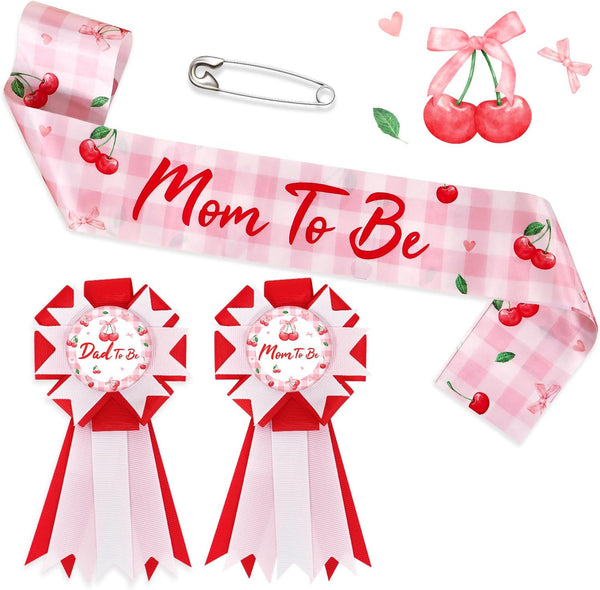Cherry Baby Shower Decorations Mom to Be Sash Dad to Be Corsage Set, Cherry on Top Baby Shower Mommy to Be Sash for Expecting Parents Gift