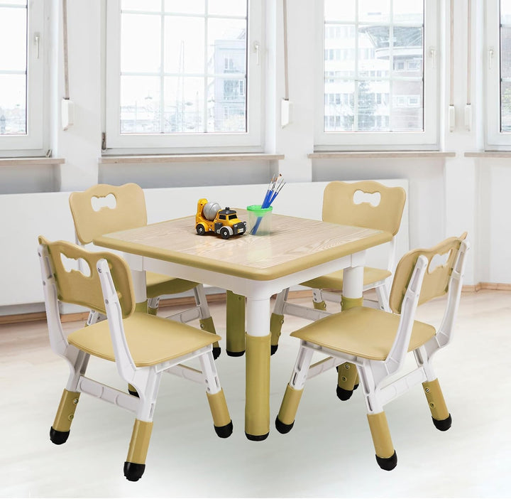 Modern Kids Table and 4 Chair Set,23" Height Adjustable Toddler Table and 4 Chairs with Non-Slip Desk Legs&Organizer Graffiti Desktop,Multi-Function Tables for Kindergarten/Living Room(Pink