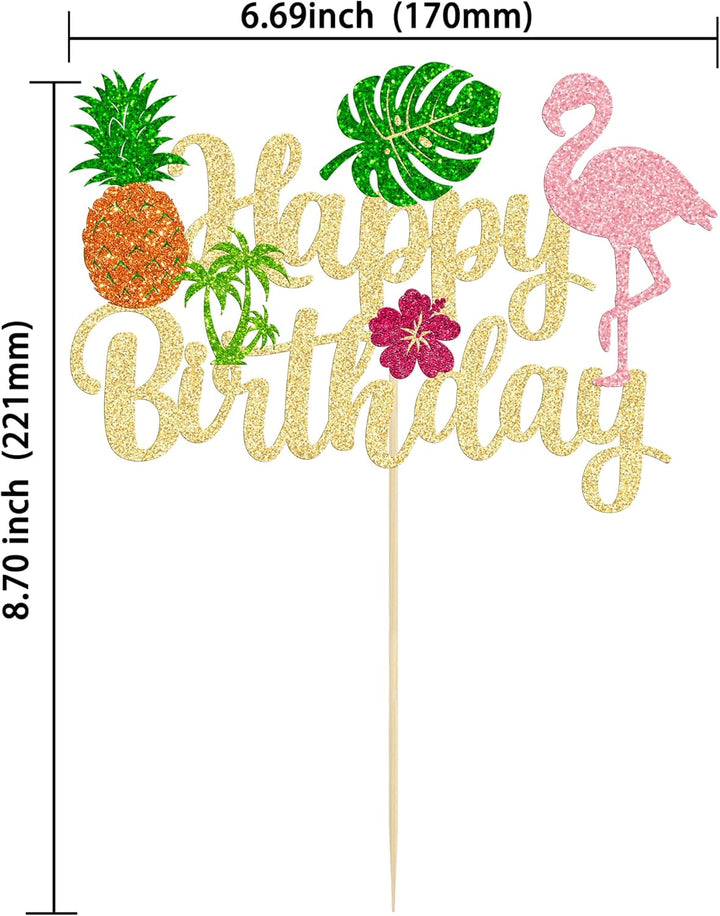 1Pc Tropical Luau Happy Birthday Cake Topper Glitter Palm Tree Flamingo Pineapple Aloha Cake Pick Decorations for Hawaiian Luau Theme Birthday Party Supplies