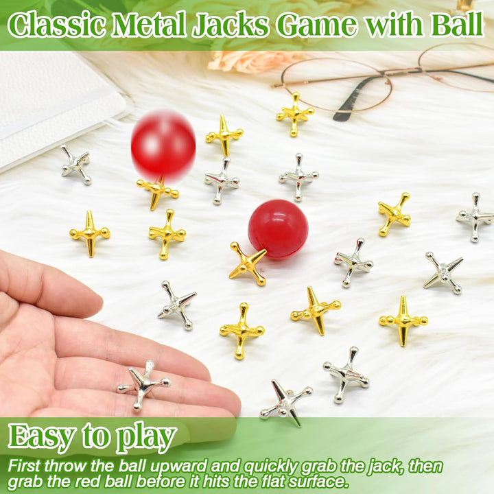 3 Sets Jacks Game and Pick up Sticks, 180 Pcs Sticks and 30 Pcs Metal Jax with 3 Pcs Red Rubber Balls, Classic Pick up Sticks Game for Kids Adults Family