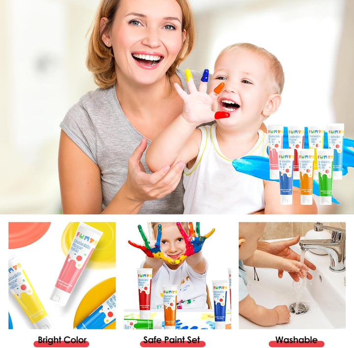 Kids Washable Finger Paint Set, 25 PCS Non Toxic Art Painting Supplies for Baby, Includes Finger Paint Paper Roll, Brush Set, Arts Crafts for Toddlers Age 1-3