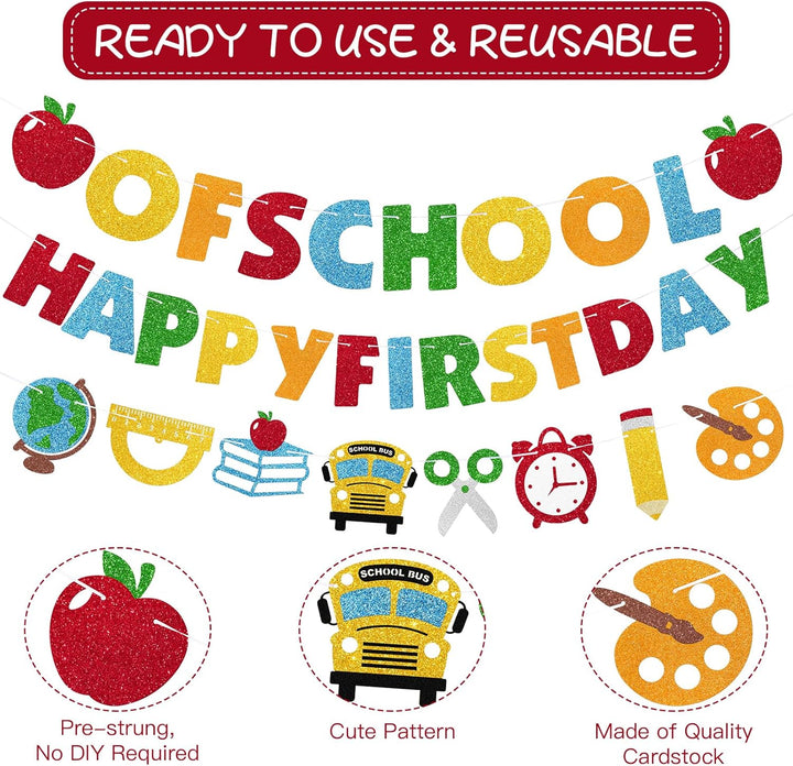 Happy First Day of School Banner, 3Pcs Welcome Back Banner Party Decorations for Children Kids Student Celebrating 1St Day of School Classroom Office Party Supplies Hanging Decor, Pre-Strung, NO DIY