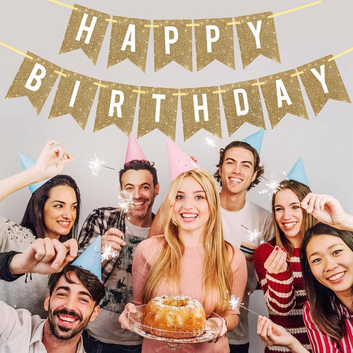 Pre-Strung Gold Happy Birthday Banner Decorations,12 Ft No DIY Gold Glitter Birthday Party Banner Sign Decor for Women Men Girl Boy Party Supplies