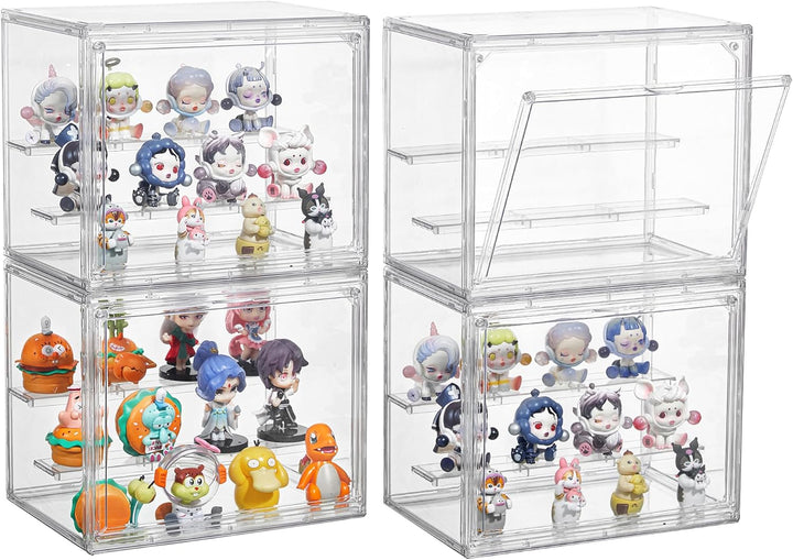 Clear Acrylic Display Case,2 Pack 3 Tier Adjustable Display Box Stand with 2 Movable Plates, Small Showcase Magnetic Door for Mini Action Figures Collectibles (Small