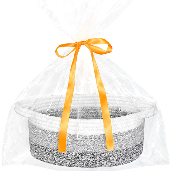 Small Basket with Gift Bags and Ribbons, Empty Gift Baskets, Decorative Boho Rope Woven Nursery Storage Organizer Toy Baskets with Handle for Baby Showers, 12"X 8" X 5"