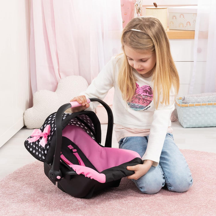 Design Dolls: Deluxe Car Seat: Hearts Black & Pink - Pretend Play Accessory for Dolls/Plushes up to 18", Ages 3+, Large