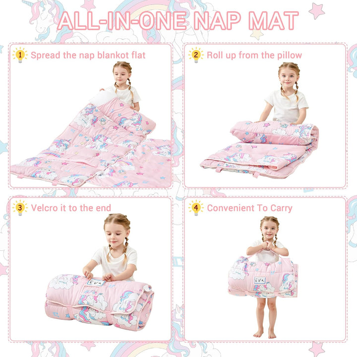 Toddler Nap Mat with Pillow and Blanket, Extra Large Rolled Napping Mats,Slumber Bags for Boys Girls,Kids Sleeping Bag for Daycare, Preschool Travel Camping