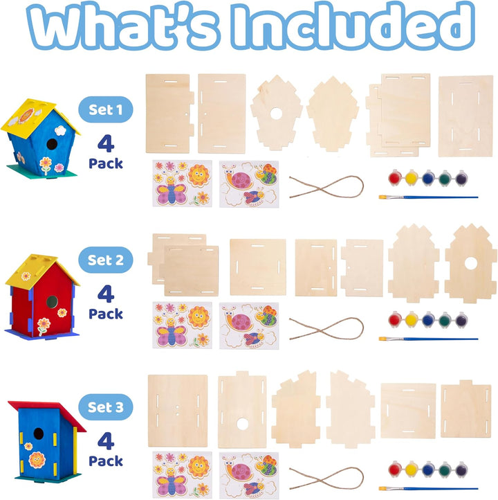 DIY 12 Wooden Bird House Kits - Creative Arts and Crafts Set for Kids and Adults - Unfinished Wood Birdhouses with Paint Strips, Brushes, Stickers and Strings - 3 Unique Shapes, 2 Sizes
