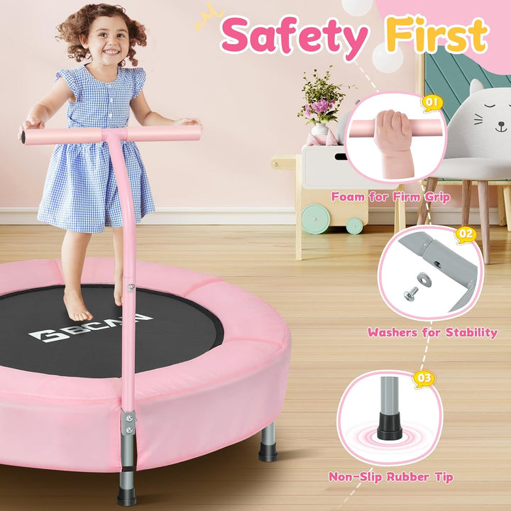 36'' Mini Folding Ages 2 to 5 Toddler Trampoline with Handle for Kids, Two Ways to Assemble the Handle, Indoor/Garden Toddlers Trampoline with Super Safe Cover for Toddlers