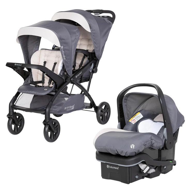 Sit N' Stand Tandem Double Stroller 2.0 DLX and Ez-Lift plus Car Seat Set with 5 Point Safety Harnesses and Cozy Cover, Modern Khaki