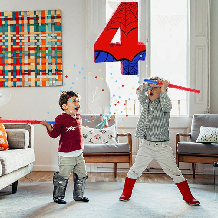 16 Inch Number 4 Spider Pinata with 16 Inch Piñata Stick Blindfold Confetti for Boy Girl Kids 4Th Birthday Party Decorations (4Th)