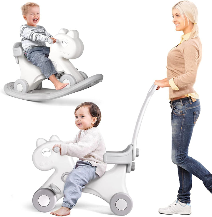 4 in 1 Rocking Horse Ages 1-3, Baby Rocking Toy Birthday Gift for Toddlers 1-3 Years Old, Balance Bike Ride on Toys with Push Handle, Backrest and Balance Board for Baby Girl and Boy, Green