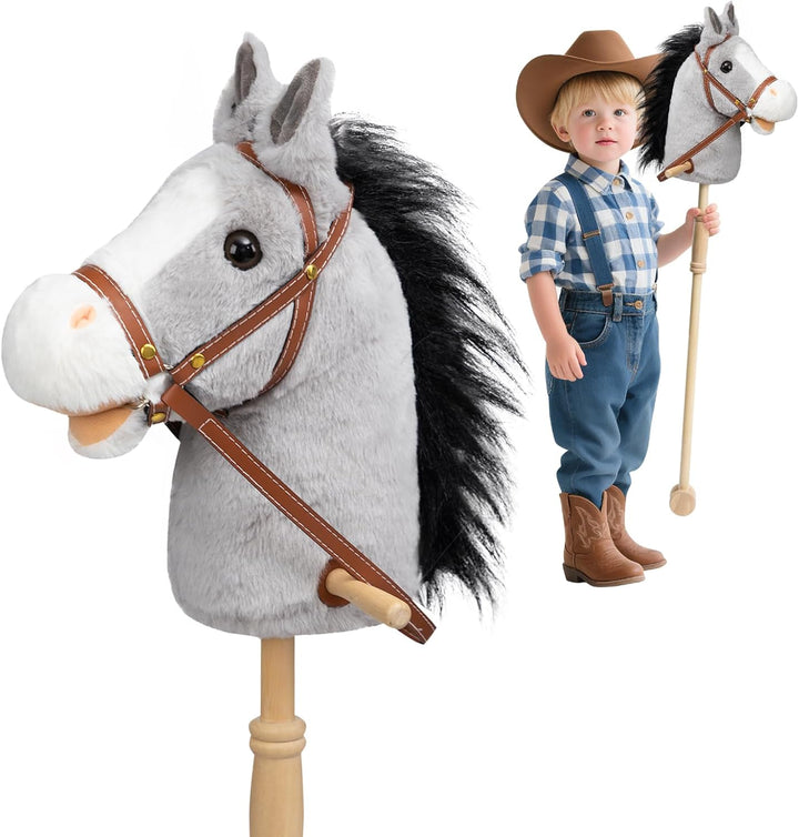 Stick Horse Plush Handcrafted Hobby Horse on a Stick with Wood Wheels Real Pony Neighing and Galloping Sounds for Kids Toddlers Dark Brown 36 Inches(Aa Batteries Required)
