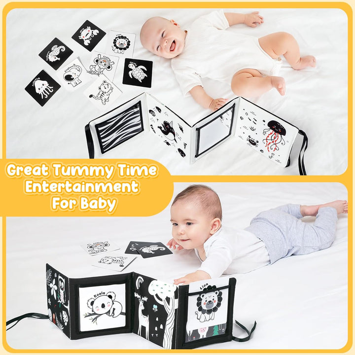 Tummy Time Mirror Toys, High Contrast Black and White Baby Toys for Newborn, Baby Boy Girl Gifts, Visual Stimulation Learning Activity Cards, Soft Baby Book, Montessori Infant Toys 0-12 Months