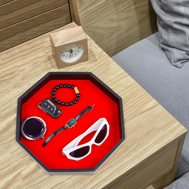 Dice Rolling Tray, Felt Lined PU Leather Octagon Dice Tray for Dungeon Crawler Games, Red