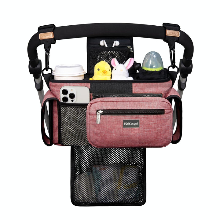 Universal Baby Stroller Organizer, Stroller Caddy with Detachable Mesh Bag & Heightened Insulated Cup Holders & Non-Slip Secure Hooks Accessories, Fits Most Strollers (Checkerboard)