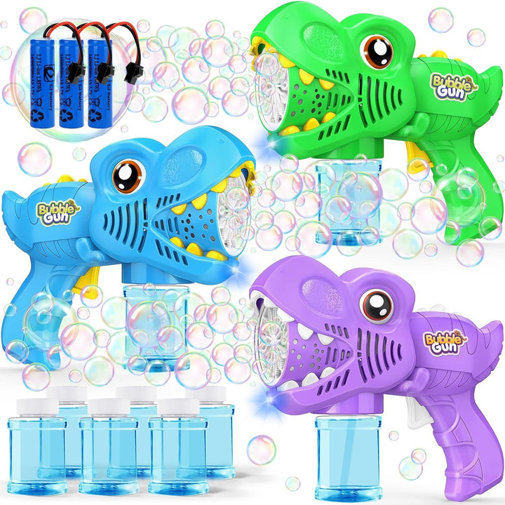 Kids Bubble Gun 2 Pack Dino Bubble Machine Gun for Toddlers with 4 Solutions Automatic 13-Hole Bubbles for Kids Blower Maker Easter Basket Essentials Stocking Stuffers Gift Party Favors for Boys Girls