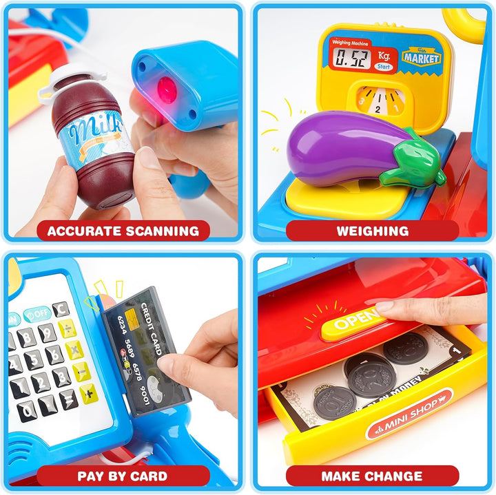 Cash Register Toy for Kids with Real Calculator, Cashier Register with Scanner/Weighter/Credit Card/ Play Money/ Food/Microphone, Pretend Play Store with Apron and Shopping Bag for Kids 3 4 5 6 7