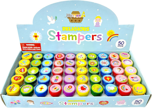 50 Pcs Religious Assorted Stampers for Kids Religious Prizes Carnival Prizes Vacation Bible School Sunday School Prizes